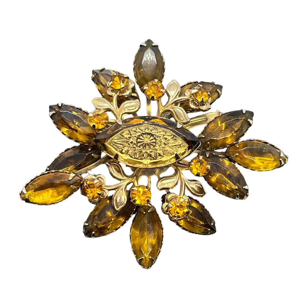 Cathe Signed Vintage Amber Colored Gold Tone Rhinestone Brooch Pin